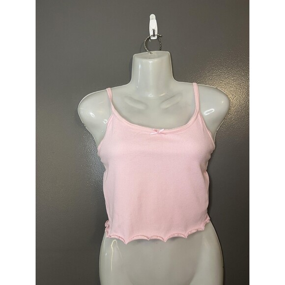 Windsor Tops - Windsor Tank Top Womens Medium Pink Ribbed Cami Crop Lettuce Hem Bow Stretch